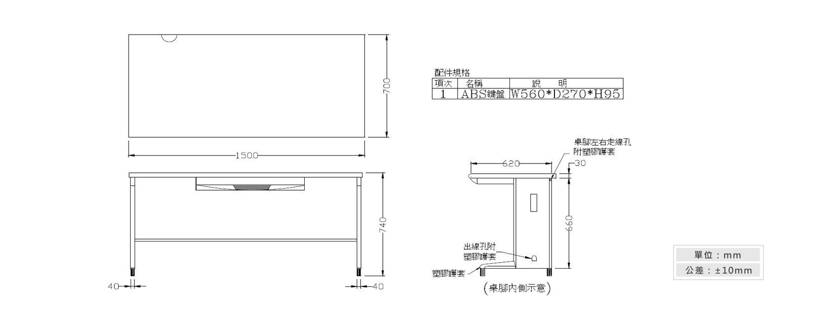 1-20 OA-150辦公桌(附一只ABS鍵盤架)材質說明