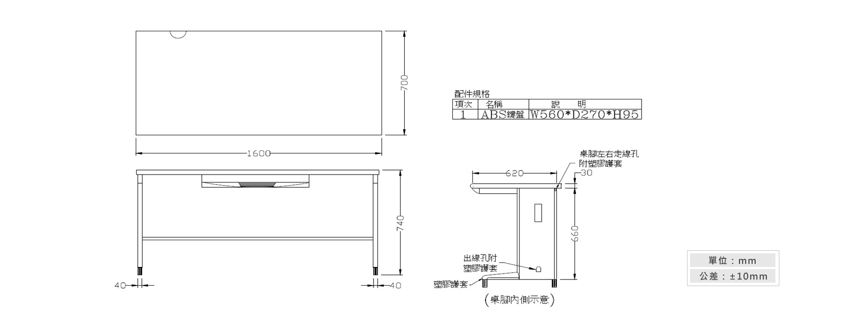 1-21 OA-160辦公桌(附一只ABS鍵盤架)材質說明